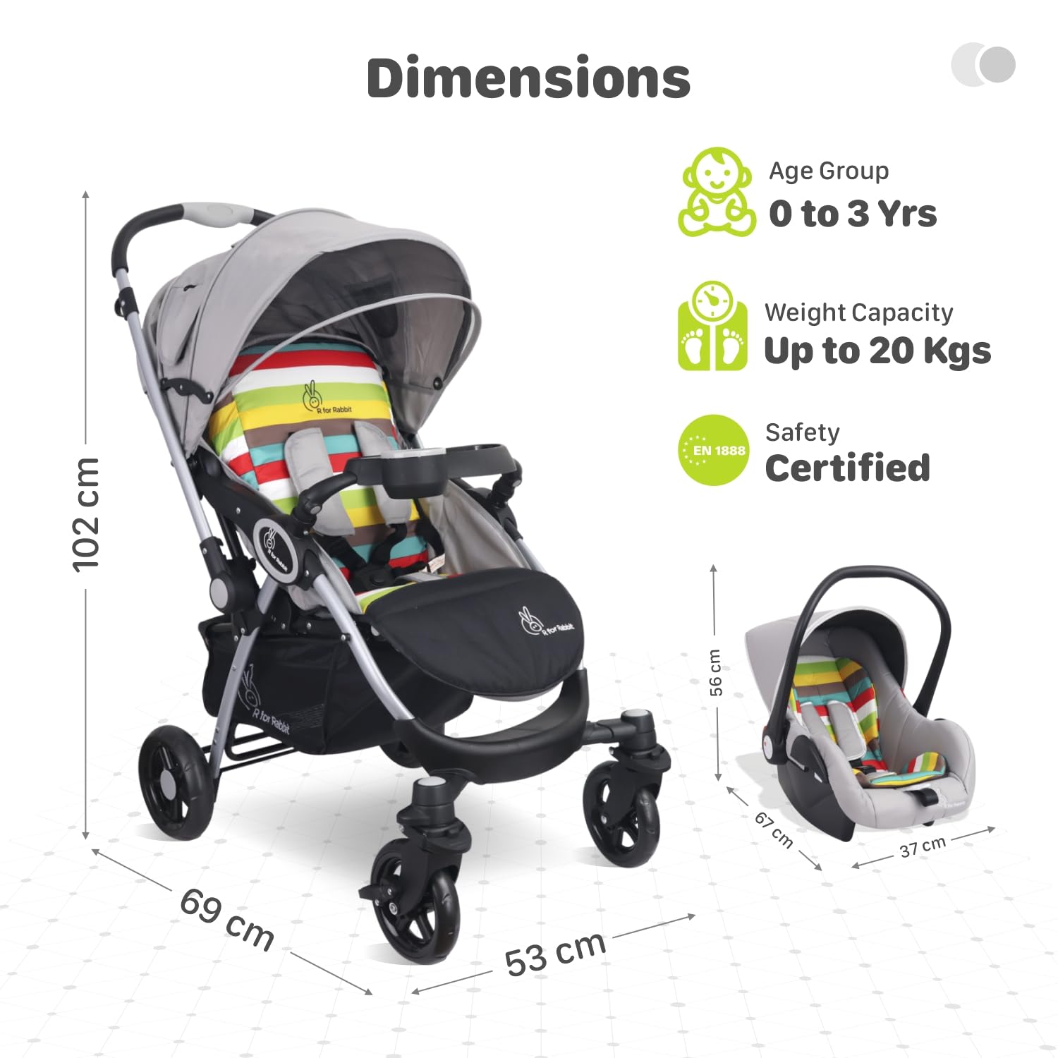 R for Rabbit Baby Travel System with a grey stroller and infant car seat, offering a complete solution for safe and convenient baby and kids transportation, with colorful accents. www.usmile.toys